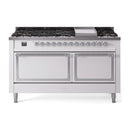 White dual-fuel range with chrome trim, 9 sealed burners, and griddle on top