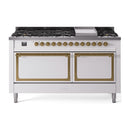 White dual fuel gas range with brass-trimmed oven doors and front burners