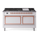 White dual fuel range with copper trim, gas burners, and griddle; oven doors closed