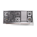 White dual fuel range top view with 9 sealed burners and central griddle surface
