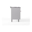 White dual fuel range side view with copper connections and adjustable leveling feet