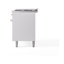 White rear panel of a dual-fuel range with copper trim near the control area