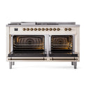 Antique white dual-fuel range with both oven doors open showing baking racks and burners