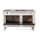 Dual-fuel range with oven doors open, showing lit burners and stainless interior