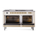 Antique white range with two open oven doors showing racks and heating elements
