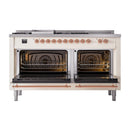 Antique white dual-fuel range with both oven doors open and copper rails