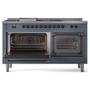 Blue grey dual-fuel range with oven compartments open and burner control knobs