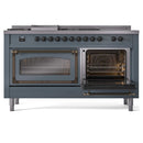 Blue grey dual-fuel range with both oven doors open and griddle surface on top
