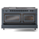 Blue grey dual-fuel range with two oven windows and a row of sealed burner controls