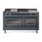 ILVE Nostalgie II Noblesse 60-Inch 5.8 Cu. Ft. Dual Oven Propane Gas Dual Fuel Range with 7 Burners, Griddle, French Top and Triple Glass Door in Blue Grey with Burnished Bronze Trim (UN60FSNMPBGBLP)