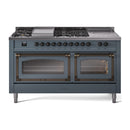 Blue-grey dual fuel range with seven sealed burners, bronze knobs, and triple glass ovens.