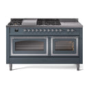 Blue grey dual-fuel range with burner knobs and two glass oven doors, chrome trim