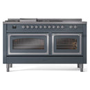Blue grey range showing two oven compartments with glass doors and chrome trim