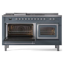 Blue grey range with both ovens open, left and right heating elements and racks