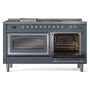 Blue grey range with left oven open, heating coils and interior rack visible