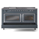 Blue grey dual-oven range with both glass doors closed and chrome handles