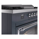 Close-up of blue grey control panel with clock display and chrome knobs