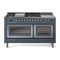 ILVE Nostalgie II Noblesse 60-Inch 5.8 Cu. Ft. Dual Oven Propane Gas Dual Fuel Range with 7 Burners, Griddle, French Top and Triple Glass Door in Blue Grey with Chrome Trim (UN60FSNMPBGCLP)