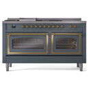 Blue grey dual fuel range front with brass control knobs and two oven windows