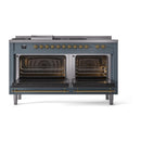 Blue grey dual fuel range with brass accents, both oven doors open, showing lit interiors.