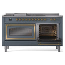 Blue grey dual fuel range with both oven doors open, showing racks and brass door trim.