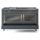 Blue grey dual fuel range with brass-trimmed doors and two closed triple-glass oven windows.