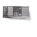 Blue grey cooktop cutaway with burner grates and a round heating disc on the right.