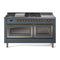 ILVE Nostalgie II Noblesse 60-Inch 5.8 Cu. Ft. Dual Oven Propane Gas Dual Fuel Range with 7 Burners, Griddle, French Top and Triple Glass Door in Blue Grey with Brass Trim (UN60FSNMPBGGLP)