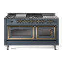 Blue grey dual fuel range with brass-trimmed burners and two closed triple-glass ovens.