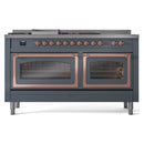 Nostalgie II dual fuel range showing two glass oven doors with copper trim and burner knobs