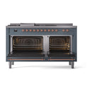 Dual fuel range with both oven doors open, showing racks and copper handle trim