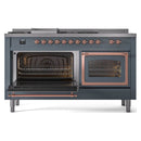 Dual fuel range with left oven open and right oven closed, copper-trimmed door handles