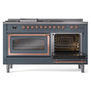 Dual fuel range with left oven open and right oven open, racks visible through glass