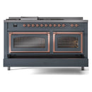 Dual fuel range front view with two copper-trim oven doors and control knob row