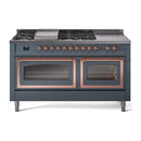 Blue grey dual fuel range with copper trim, seven burner knobs, and twin glass oven doors