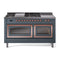 ILVE Nostalgie II Noblesse 60-Inch 5.8 Cu. Ft. Dual Oven Propane Gas Dual Fuel Range with 7 Burners, Griddle, French Top and Triple Glass Door in Blue Grey with Copper Trim (UN60FSNMPBGPLP)