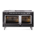 ILVE dual fuel range with both ovens open, racks inside and glossy black door frames