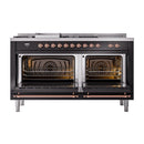 Dual-fuel range with both oven doors open, copper handle, and interior racks
