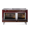 Burgundy dual-oven gas range with both oven doors open and visible racks