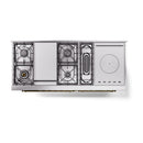 Cooktop burner layout view with four burners and brass base trim detail