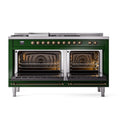 Emerald green range with two ovens open, showing broil elements and oven racks.