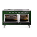 Emerald green dual fuel range with open oven doors showing interior racks