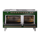 Emerald green dual-fuel range with both oven doors open and copper trim
