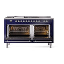 Midnight blue range with two open ovens and chrome frames, burners on top