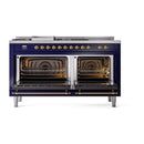 Midnight blue ILVE dual fuel range with both ovens open, heating elements and racks visible