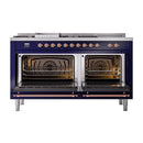 Midnight blue range with both oven doors open, copper accents, interior racks visible