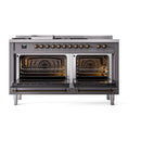 Matte graphite dual fuel range with both oven doors open, racks and elements visible