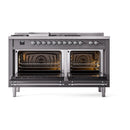 Dual fuel range with both oven doors open, showing interior racks and heating elements