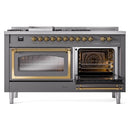 Matte graphite dual-fuel range with brass-trim ovens and black control knobs, doors open