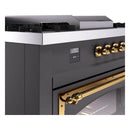 Matte graphite dual-fuel range with brass handle, burner knobs, and digital clock display